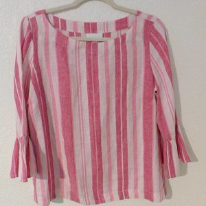 Charter Club 100% Linen 3/4 Sleeve Top Size Small Pink Striped Bell Sleeves
